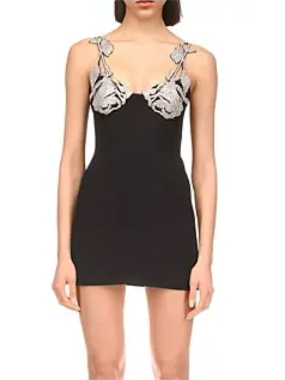 Black Mini Dress with Silver Floral Appliqué Straps
